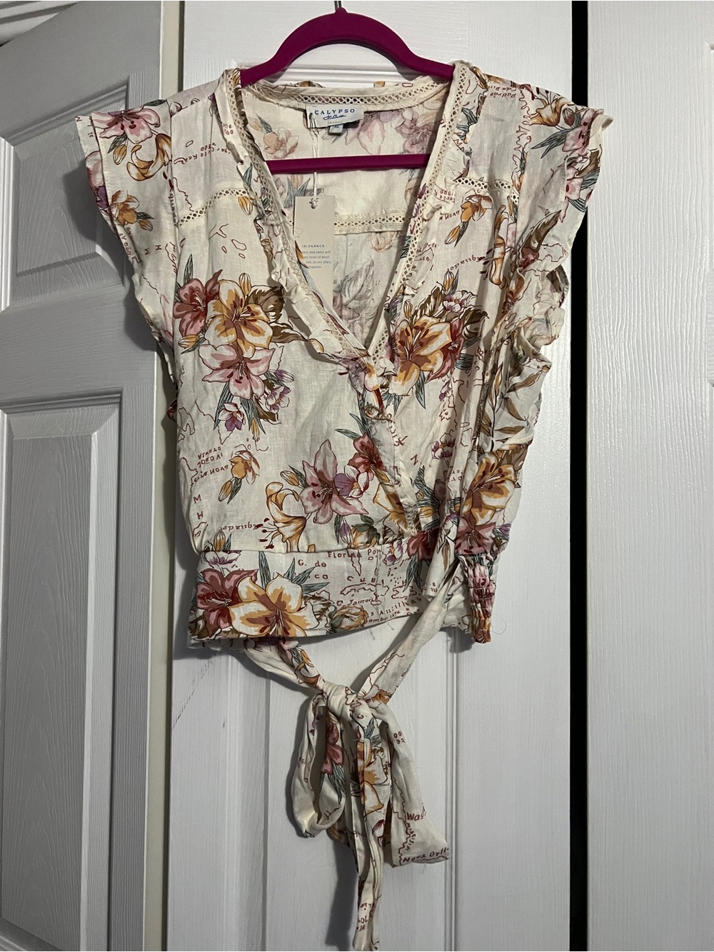 Calypso St. Barth Cream Floral Wrap Crop Top with Pink & Mustard Blooms